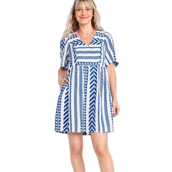 Old Navy Women Blue/White Geometric Print V-Neck Short Sleeve Dress SZ S Pockets - Picture 1 of 14